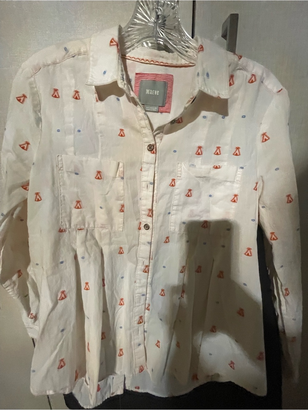 Maeve Cream Button-Front Shirt with Orange & Light Blue Prints